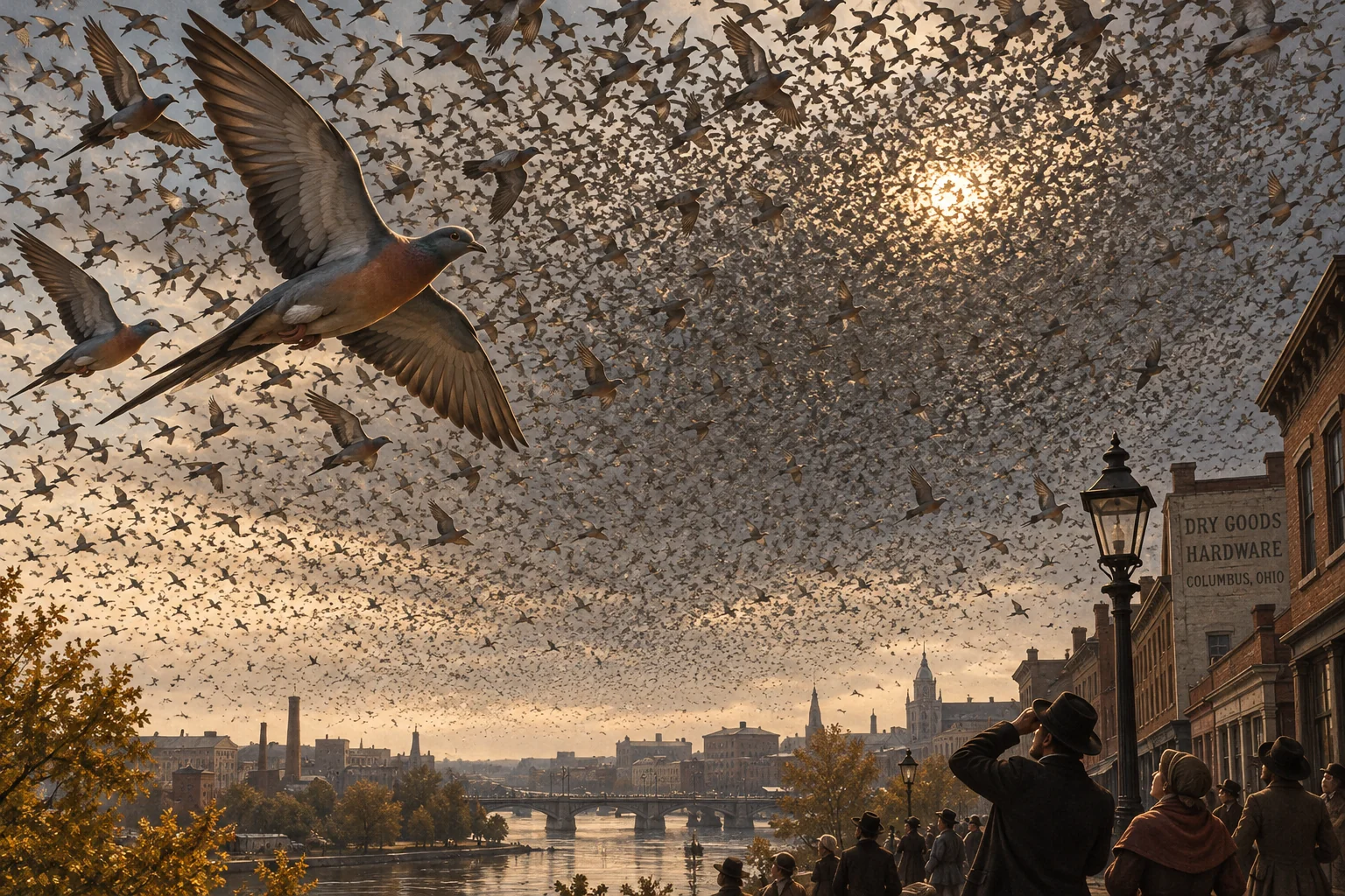 Modern AI-assisted interpretation of passenger pigeons filling a golden sky above a nineteenth-century riverside city, with people watching from the waterfront.